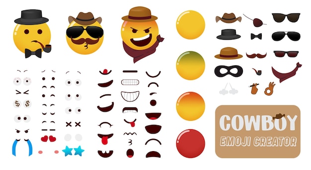 Emoji vaquero creador vector kit Emoticonos editable vaquero juego de caracteres con ojos boca