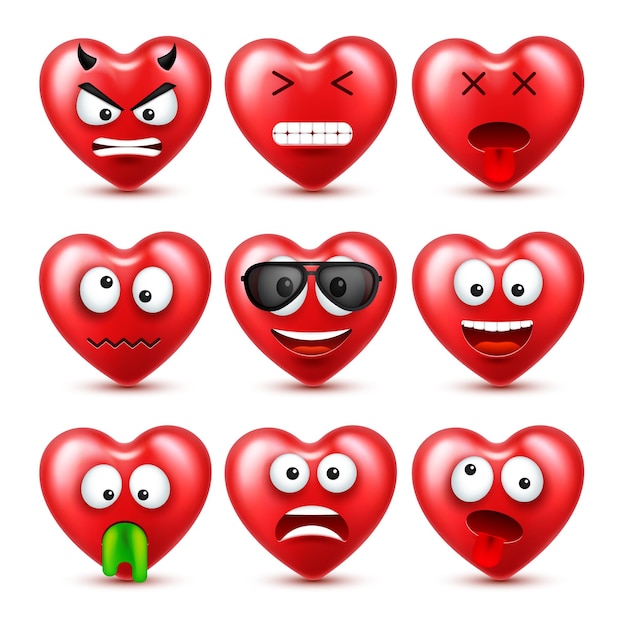Emoji vectorial de corazón sonriente para el día de San Valentín cara roja divertida con expresiones y emociones de amor