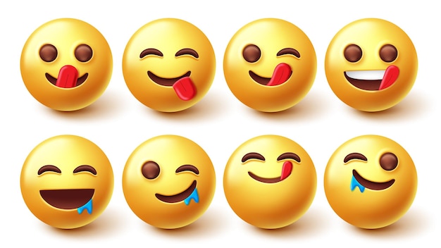 Emojis cara deliciosa vector de caracteres conjunto Emoji 3d en lamer y agua la boca para hambrientos deliciosos