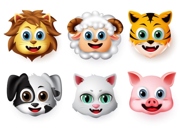 Emojis y emoticonos animal cara feliz vector conjunto Animal emoji cara de león cordero tigre perro gato