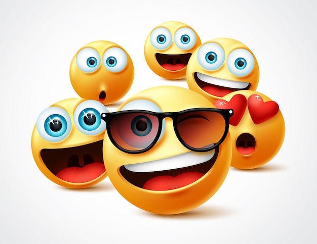 Emojis famoso concepto de vector de celebridad. grupo de caras amarillas emoticono famoso en avatar realista 3d