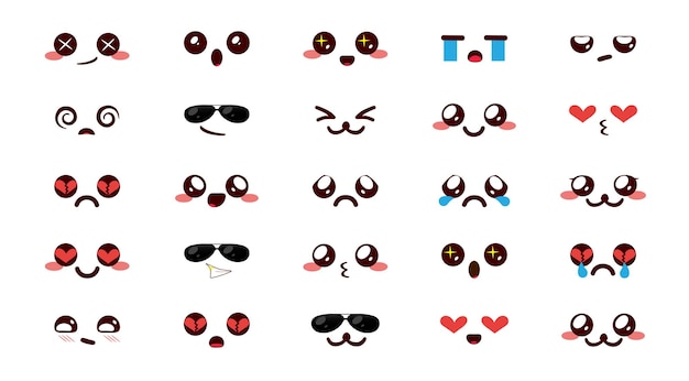 Emojis kawaii conjunto de vectores de caracteres Emoticon lindo chibi emoji dibujos animados en feliz reacción de cara kawaii