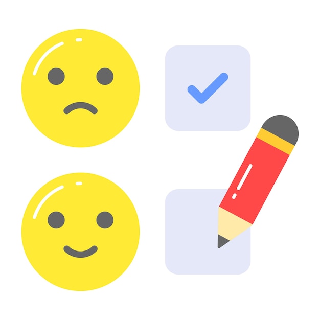Emojis con marca de comprobación y concepto de lápiz de vector de retroalimentación
