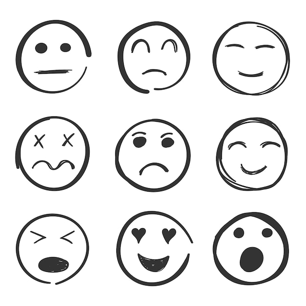 Emojis rostros icono en estilo dibujado a mano emoticones Doddle ilustración vectorial en fondo aislado Rostros felices y tristes concepto de negocio de señales