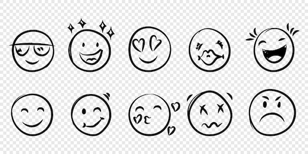 Emojis rostros icono en estilo dibujado a mano emoticones Doddle ilustración vectorial en fondo aislado Rostros felices y tristes concepto de negocio de señales