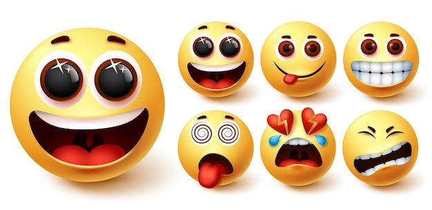 Emojis vector set Emoji cara amarilla con feliz mareado hambriento emocionado