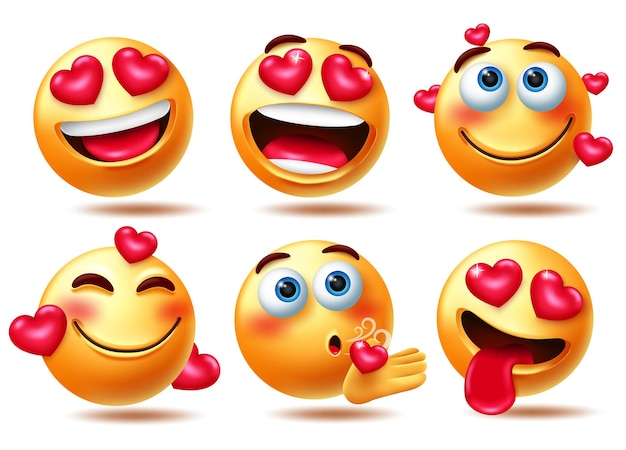 Emoticon amor vector juego de caracteres En amor 3d emoji personajes con corazones elemento en feliz