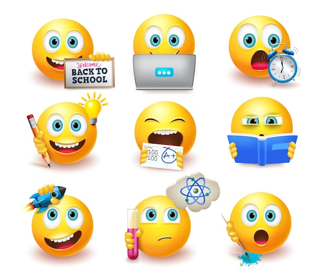 Vector emoticon back to school emoji vector set emoticones con pose educativa y expresiones como estudio