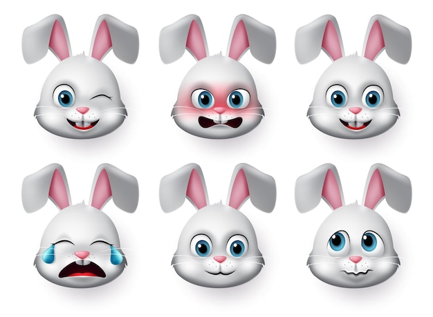 Emoticon conjunto de vectores de cara de conejo Emojis de conejo o conejito y emociones cara de animal con llanto enojado