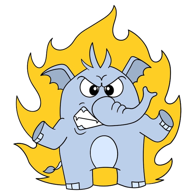 Emoticon de elefante con cara enojada ardiente, personaje lindo dibujo de doodle. ilustración vectorial