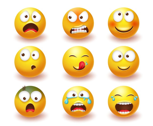 Emoticon emoji vector set emojis icono amarillo en 3d con enojado riendo y llorando facial