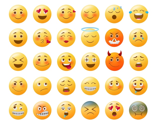 Emoticon emojis vector set Emoji amarillo con feliz enamorado expresiones faciales tristes y enojadas