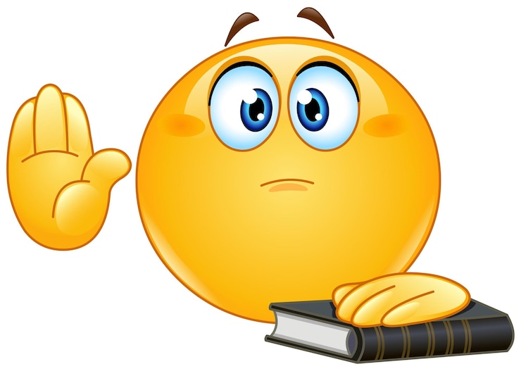 Vector emoticon haciendo juramento o jurando levantando la mano y poniendo la otra mano en un libro sagrado