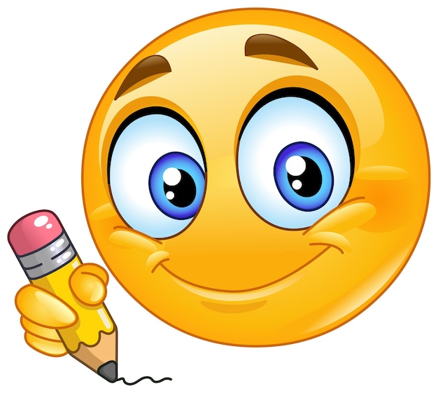 Emoticon Happy Emoji sosteniendo un lápiz y escribiendo o dibujando algo
