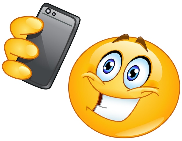 Emoticon Happy Emoji tomando un selfie con la cámara de su teléfono