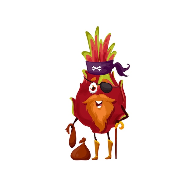 Emoticon pirata de Dragonfruit con parche en el ojo, monedas del tesoro en la bolsa, personaje de dibujos animados aislado de la mano del gancho. Vector pitaya roja, bucanero corsario de frutas tropicales exóticas, capitán con bigotes divertidos