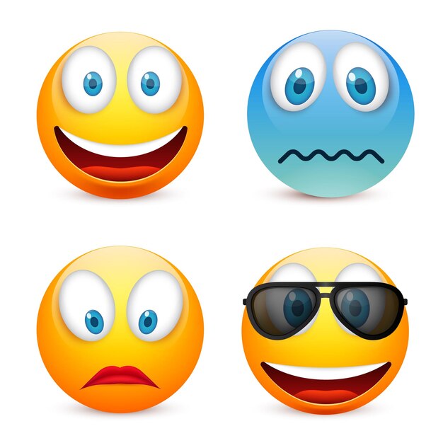Vector emoticón sonriente conjunto cara amarilla con emociones estado de ánimo expresión facial realista emoji triste feliz enojado