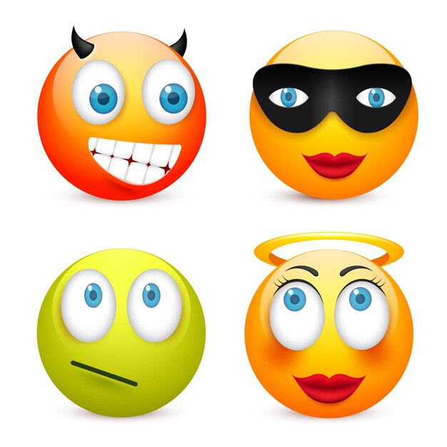 Emoticón sonriente conjunto cara amarilla con emociones estado de ánimo expresión facial realista emoji triste feliz enojado