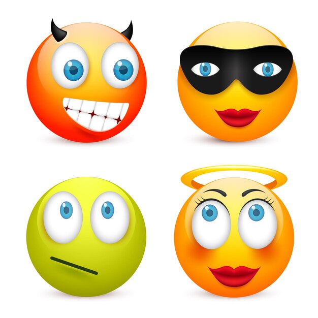 Vector emoticón sonriente conjunto cara amarilla con emociones estado de ánimo expresión facial realista emoji triste feliz enojado