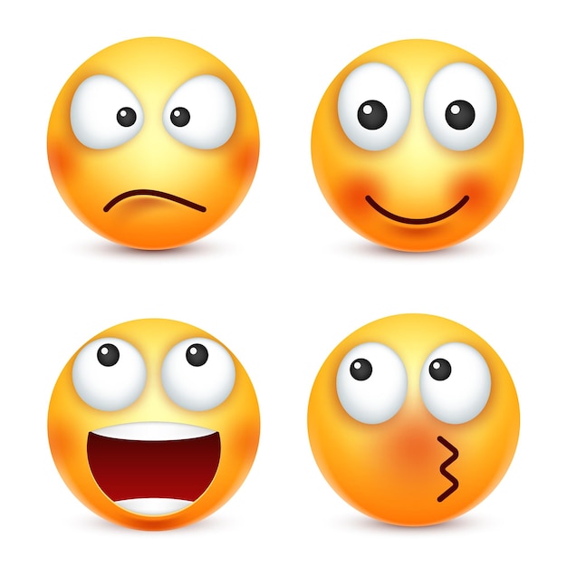 Emoticón sonriente conjunto cara amarilla con emociones estado de ánimo expresión facial realista emoji triste feliz enojado