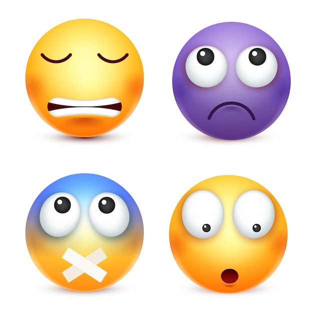 Vector emoticón sonriente conjunto cara amarilla con emociones estado de ánimo expresión facial realista emoji triste feliz enojado