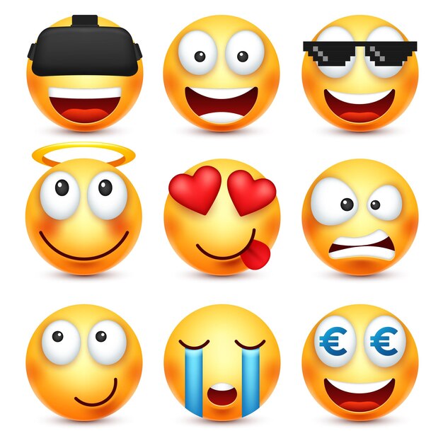 Vector el emoticon sonriente establece una cara amarilla con emociones, estado de ánimo, expresión facial realista, emoji triste, feliz, enojado.