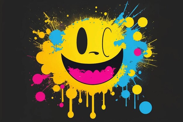 Emoticon con una tira cómica azul azulado un emoticon alegre en manchas de pintura de arco iris imagen vectorial