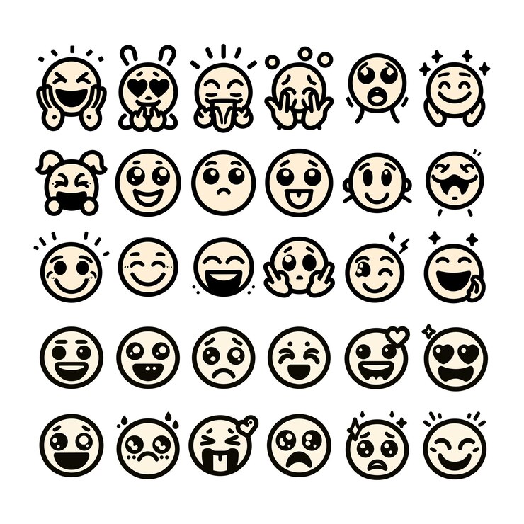 Emoticón vectorial establecido en contorno negro aislado en fondo beige