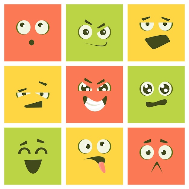 Emoticones Kawaii lindos Conjunto de cuadrados emoji coloridos con diferentes emociones Ilustración vectorial Diseño web