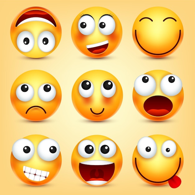 Los emoticones sonrientes establecen la cara amarilla con emociones la expresión facial d emoji realista dibujos animados divertidos