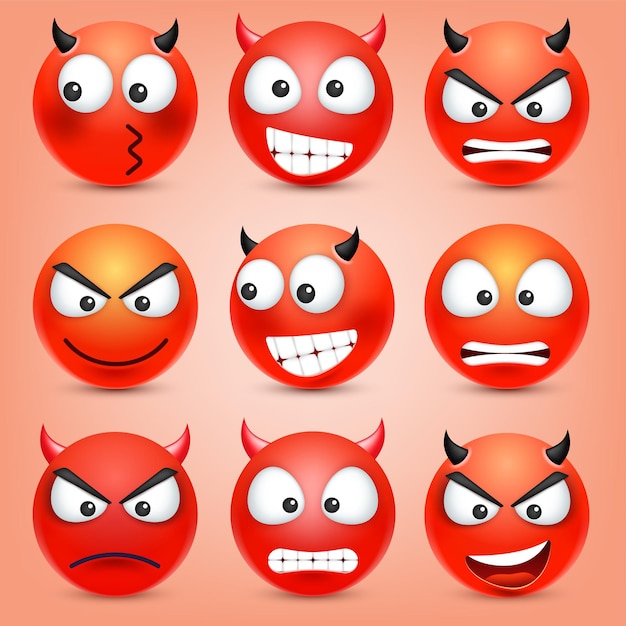 Los emoticones sonrientes establecen la cara amarilla con emociones la expresión facial d emoji realista dibujos animados divertidos