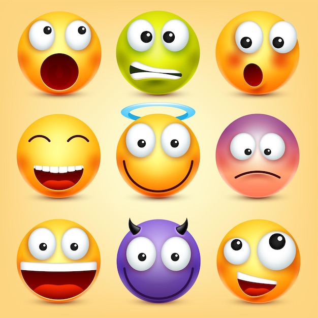 Los emoticones sonrientes establecen la cara amarilla con emociones la expresión facial d emoji realista dibujos animados divertidos