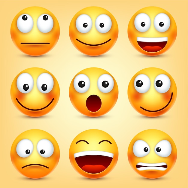 Los emoticones sonrientes establecen una cara amarilla con emociones expresión facial d emoji realista dibujos animados divertidos