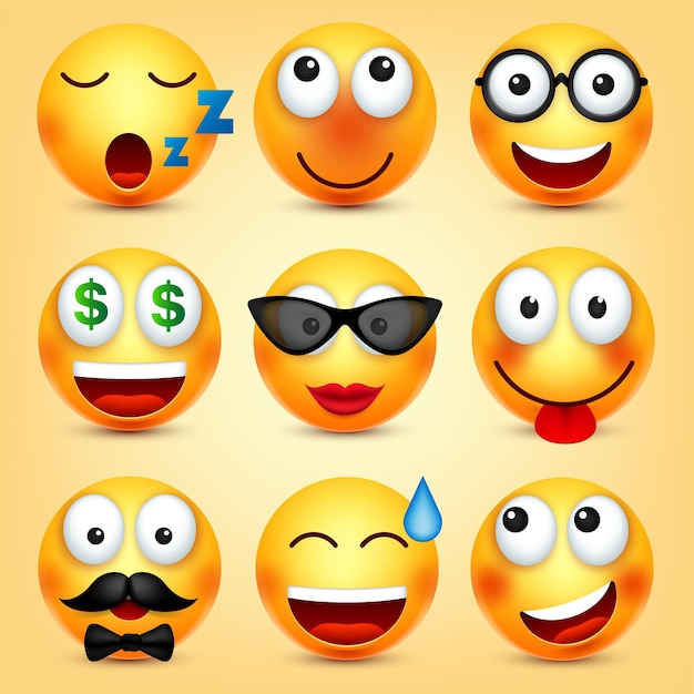 Los emoticones sonrientes establecen la cara amarilla con emociones la expresión facial d emoji realista dibujos animados divertidos