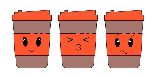 Emoticones de taza de papel de café con diferentes caras y expresiones.