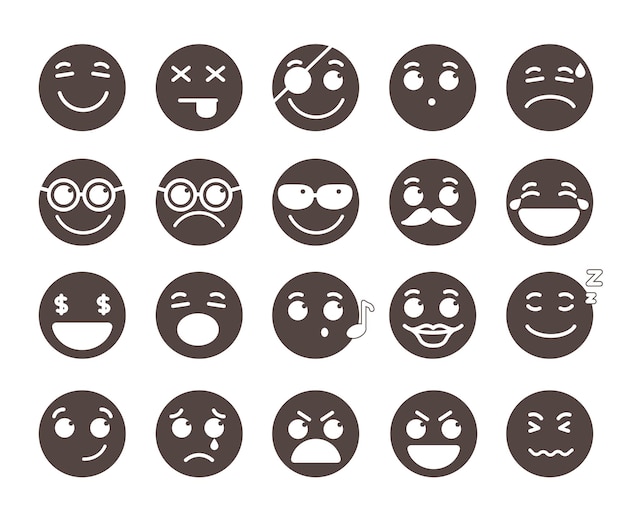 Emoticones de vector plano de cara emoji con emociones y expresiones faciales divertidas en color negro