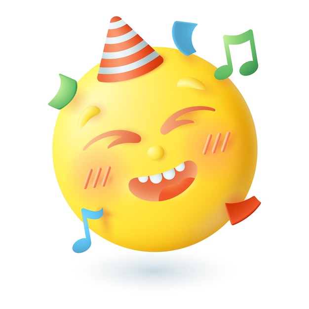 Emoticono feliz de estilo de dibujos animados en 3D con icono de sombrero de fiesta. Bonita cara amarilla celebrando el aniversario o la ilustración vectorial plana de cumpleaños. Emoción, felicitación, alegría, concepto de comunicación.