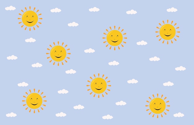 Emoticono feliz en el sol y el vector de nubes blancas para fondo, papel tapiz o telón de fondo. tema de los niños