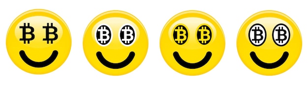 Emoticono sonriente de Bitcoin. Emoji 3d amarillo con símbolos btc en blanco y negro en lugar de ojos.