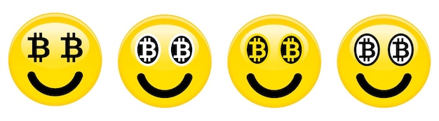 Emoticono sonriente de bitcoin. emoji 3d amarillo con símbolos btc en blanco y negro en lugar de ojos.