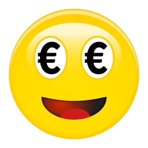 Emoticono sonriente euro. Emoji 3d de risa amarilla con símbolos eur negros en lugar de ojos y boca roja abierta.