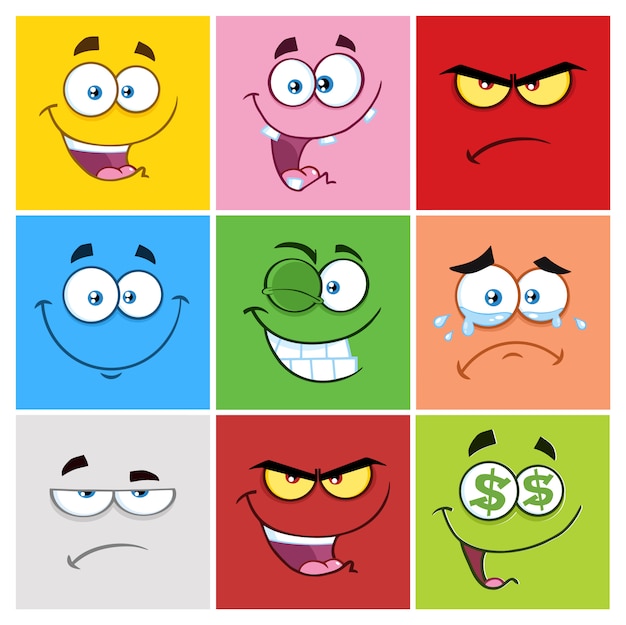 Vector emoticonos cuadrados de dibujos animados con conjunto de expresiones