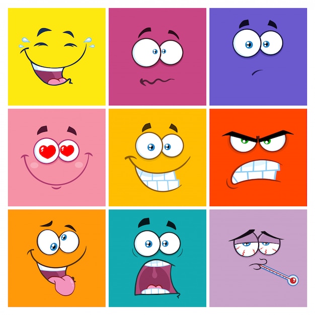 Vector emoticonos cuadrados de dibujos animados con conjunto de expresiones