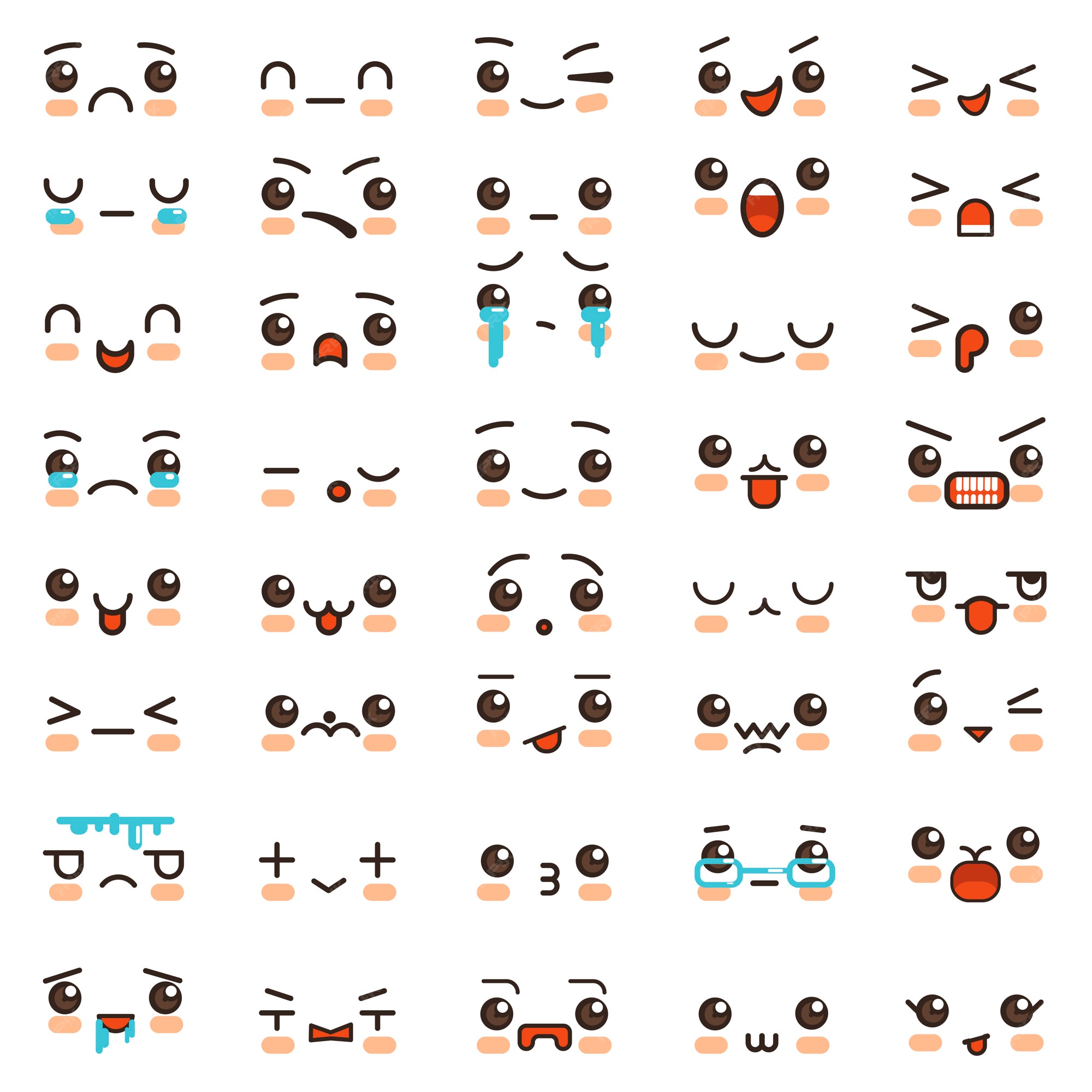 Emoticonos de dibujos animados de sonrisas de kawaii y caras emoji iconos  vectoriales | Vector Premium