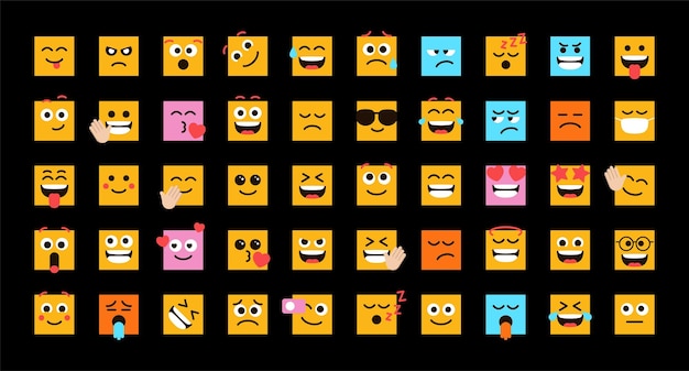 Emoticonos lindos en forma de conjunto de vectores cuadrados para publicación en redes sociales y reacción Emoji divertido