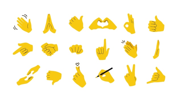 Emoticonos de mano. Brazos y puños amarillos con gestos de palma abierta, presa, agrado o disgusto, victoria y músculo. Vector de imagen plana agitando y conjunto de manos levantadas