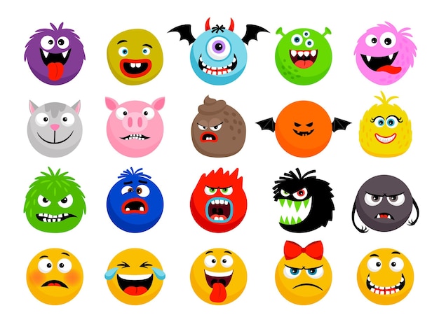 Emoticonos de monstruos y animales. dibujos animados divertidos monstruos, animales lindos caras sonrientes