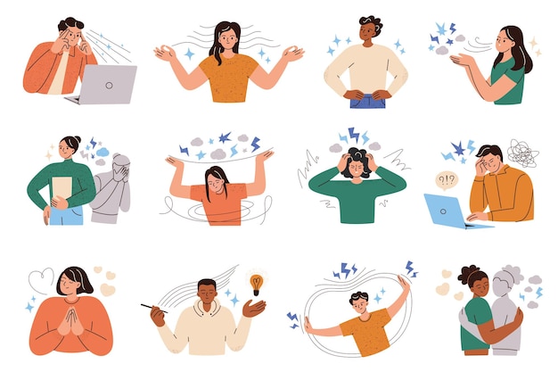Emotional state collection vector illustrations of resilience stress gratitude concept burnout