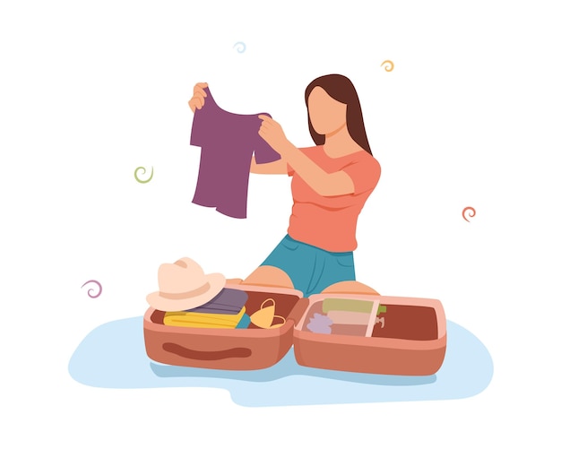 Empacar maletas para viajar la mujer decide qué sombreros y ropa llevar de vacaciones personaje de dibujos animados femenino eligiendo ropa para el viaje preparándose para el viaje de verano ropa cápsula