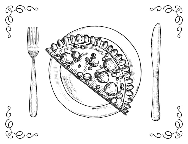 Empanada en plato con dibujo vectorial de tenedor y cuchillo